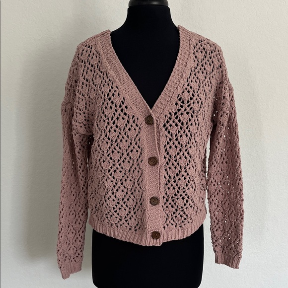 Nicole Miller Sweaters - Nicole Miller Pink Cropped Cardigan with Open-Knit Design